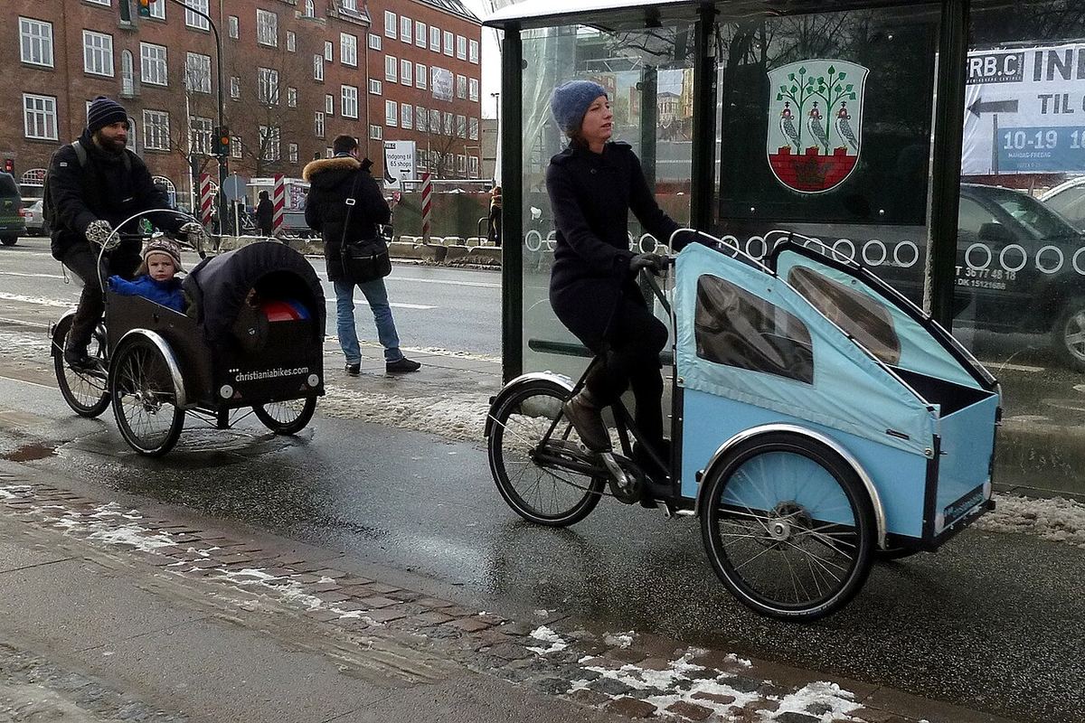To forældre kører ladcykler med børn i kasserne på en våd bygade om vinteren